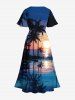 Plus Size Coconut Tree Sun Seascape Print Split Hawaii Midi Dress -  