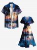 Plus Size Coconut Tree Sun Seascape Print Split Hawaii Midi Dress -  
