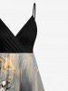 Plus Size Textured Leaf Branch Quicksand Print Hawaii Surplice A Line Cami Dress -  