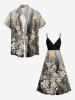 Plus Size Textured Leaf Branch Quicksand Print Hawaii Surplice A Line Cami Dress -  