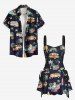 Coconut Tree Tropical Leaf Floral Bus Print Hawaii Lace Up A Line Tank Dress -  
