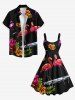 Robe Ligne A Tropical Flamant et Feuille Tropicale Imprimés de Grande Taille - Noir 2X