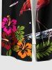 Chemise Imprimé Flamant Floral et Feuille Tropicale à Boutons Grande Taille avec Poche pour Homme - Noir 4XL