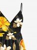 Plus Size Flowers Leaf Print Surplice Hawaii Cami Dress -  