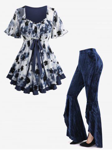 Tie Dye Mesh Layered Flower Flocking Top and Ruffles High Low Asymmetric Velvet Flare Pants Plus Size Outfit - DEEP BLUE