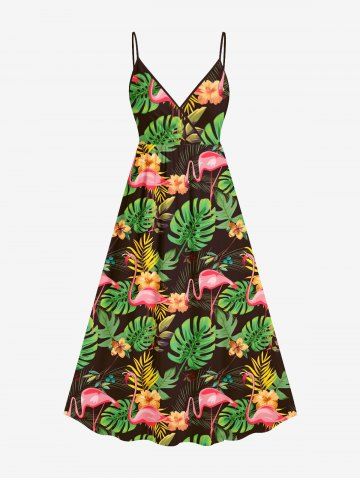 Plus Size Tropical Leaves Floral Flamingo Print Hawaii Surplice A Line Cami Dress - DEEP COFFEE - 5X