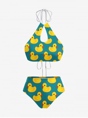 Ducks Print Drawstring Tie Holoow Out Panel Tankini Swimsuit - GREEN - XS