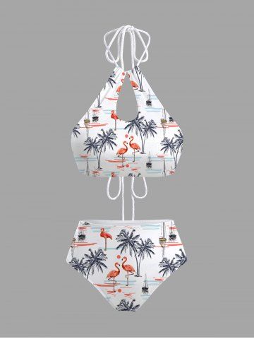 Coconut Tree Flamingo Sailboat Sun Print Hollow Out Panel Drastring Tie Hawaii Tankini Swimsuit - WHITE - XS