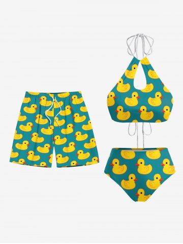 Ducks Print Women Swimsuit and Men Beach Shorts Matching Hawaii Beach Outfit For Couples