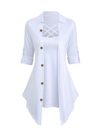 Roll Tab Sleeve Turn-down Collar Mock Buttons Lattice Patchwork Solid 2 in 1 Shirt - WHITE - S