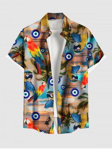 Plus Size Coconut Tree Parrot Ombre Dusk Print Hawaii Button Pocket Shirt For Men - DEEP YELLOW - S