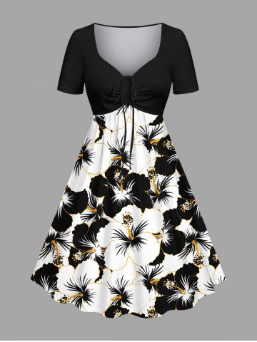 Plus Size Tropical Hibiscus Flowers Print Cinched Hawaii Dress - BLACK - 2X