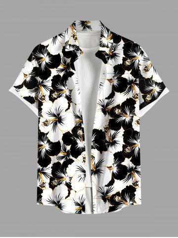 Plus Size Tropical Hibiscus Flowers Print Buttons Pocket Hawaii Shirt For Men
