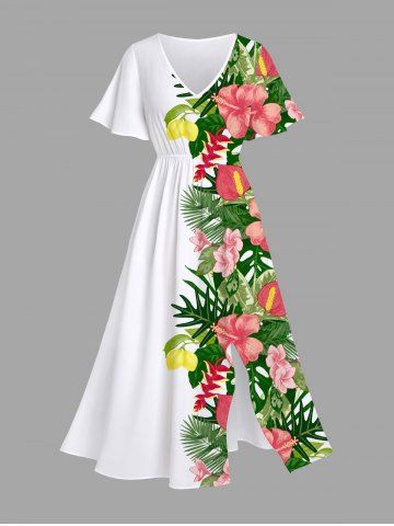 Plus Size Tropical Leaf Flowers Print Split Hawaii Midi Dress - WHITE - XXS