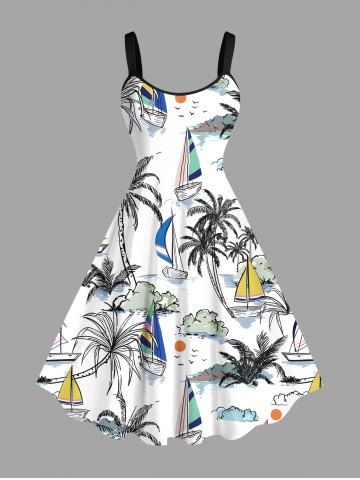 Plus Size Coconut Tree Sailboat Sun Bird Print Hawaii Tank Dress - WHITE - XXS