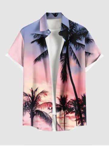 Plus Size Coconut Tree Ombre Colorful Sky Print Buttons Pocket Hawaii Shirt For Men