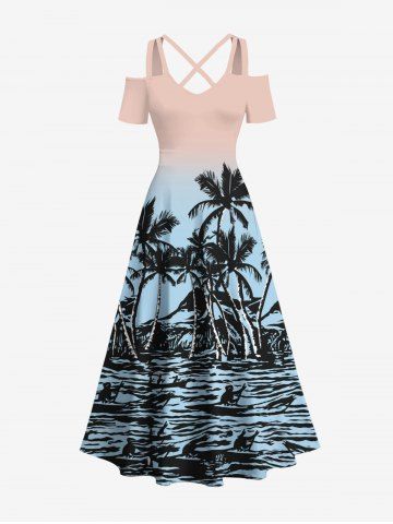 Plus Size Coconut Tree Ombre Colorblock Print Cold Shoulder Crisscross Hawaii Maxi Dress - LIGHT PINK - XXS