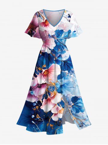 Plus Size Flowers Leaf Watercolor Print Split Hawaii Midi Dress - BLUE - 5X
