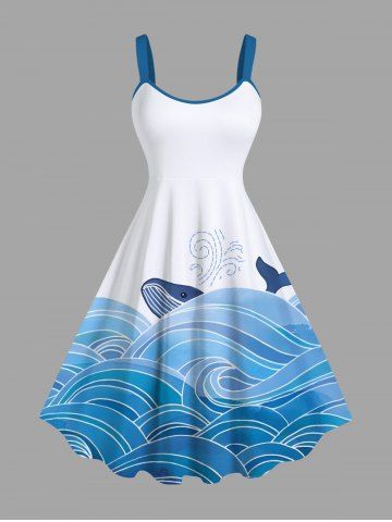 Plus Size Ombre Sea Wave Shark Print Hawaii A Line Tank Dress - BLUE - 4X