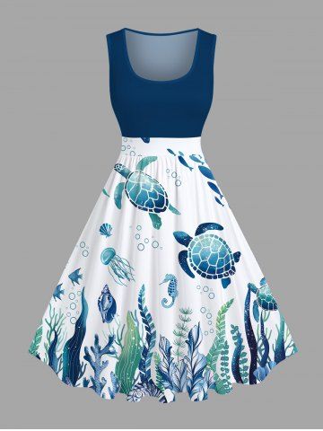 Robe Trapèze à Imprimé Tortue Marine et Poissons Style Vintage Grande-Taille