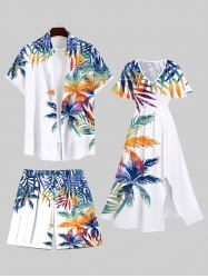 Tenue de plage hawaïenne assortie grande taille à imprimé feuilles tropicales de cocotier coloré pour couples - Blanc 