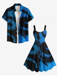Tenue de Plage Trapèze à Deux Tons avec Imprimé Dragon Peint à L'Encre Grande-Taille pour Couples - Bleu 