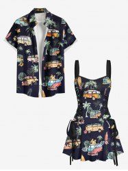 Sac de Plage Hawaiien à Imprimé Bus avec Feuilles Tropicales et Cocotier pour Couples - Noir 