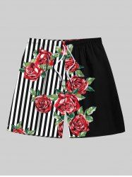 Plus Size Rose Flower Leaf Striped Print Hawaii Drawstring Beach Shorts For Men -  