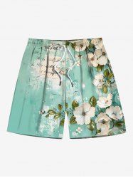 Plus Size Floral Leaf Branch Print Hawaii Drawstring Beach Shorts For Men -  
