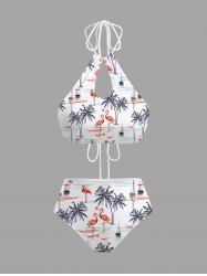 Coconut Tree Flamingo Sailboat Sun Print Hollow Out Panel Drastring Tie Hawaii Tankini Swimsuit -  