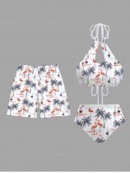 Coconut Tree Flamingo Print Women Swimsuit and Men Beach Shorts Matching Hawaii Beach Outfit For Couples -  