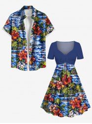 Transparent à Imprimé Cocotiers et Fleurs Tropicales Grande-Taille pour la Plage - Bleu 