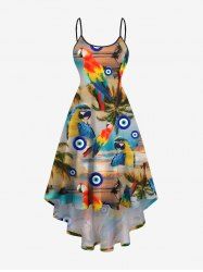 Plus Size Coconut Tree Parrot Ombre Dusk Print Hawaii High Low Asymmetric Cami Dress -  