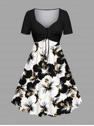 Plus Size Tropical Hibiscus Flowers Print Cinched Hawaii Dress -  
