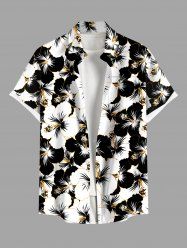 Plus Size Tropical Hibiscus Flowers Print Buttons Pocket Hawaii Shirt For Men -  