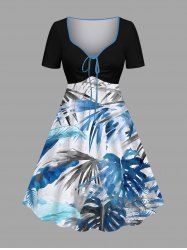 Plus Size Tropical Leaf Watercolor Print Cinched Hawaii Dress -  