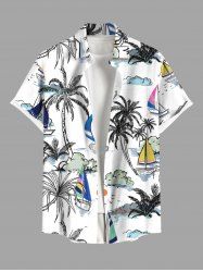 Plus Size Coconut Tree Sailboat Sun Bird Print Buttons Pocket Hawaii Shirt For Men -  