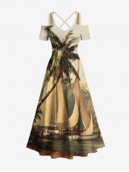 Plus Size Coconut Tree Sailboat Bridge Print Cold Shoulder Crisscross Hawaii Cruise Maxi Dress -  