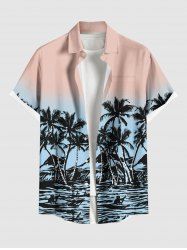 Chemise Boutonnée en Blocs de Couleurs Arbre de Noix de Coco Imprimé Grande Taille avec Poche - Rose clair 4XL
