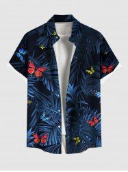 Plus Size Tropical Leaf Colorful Butterfly Print Buttons Pocket Hawaii Shirt For Men -  