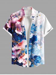 Chemise Fleurs Feuilles Imprimées Aquarelle avec Poche de Grande Taille avec Boutons pour Homme - Bleu 4XL