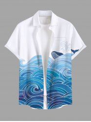 Plus Size Ombre Sea Wave Shark Print Hawaii Button Pocket Shirt For Men -  