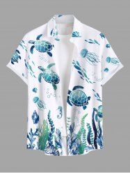 Plus Size Turtle Jellyfish Seaweed Fish Print Hawaii Sea Creatures Button Pocket Shirt For Men -  