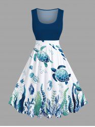 Plus Size Turtle Jellyfish Seaweed Fish Print Hawaii Sea Creatures Vintage Swing A Line Dress -  