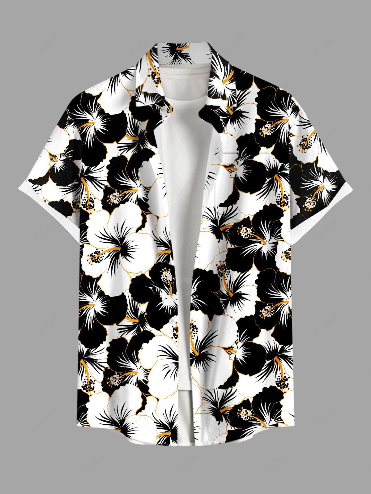 Cheap Plus Size Tropical Hibiscus Flowers Print Buttons Pocket Hawaii Shirt For Men  