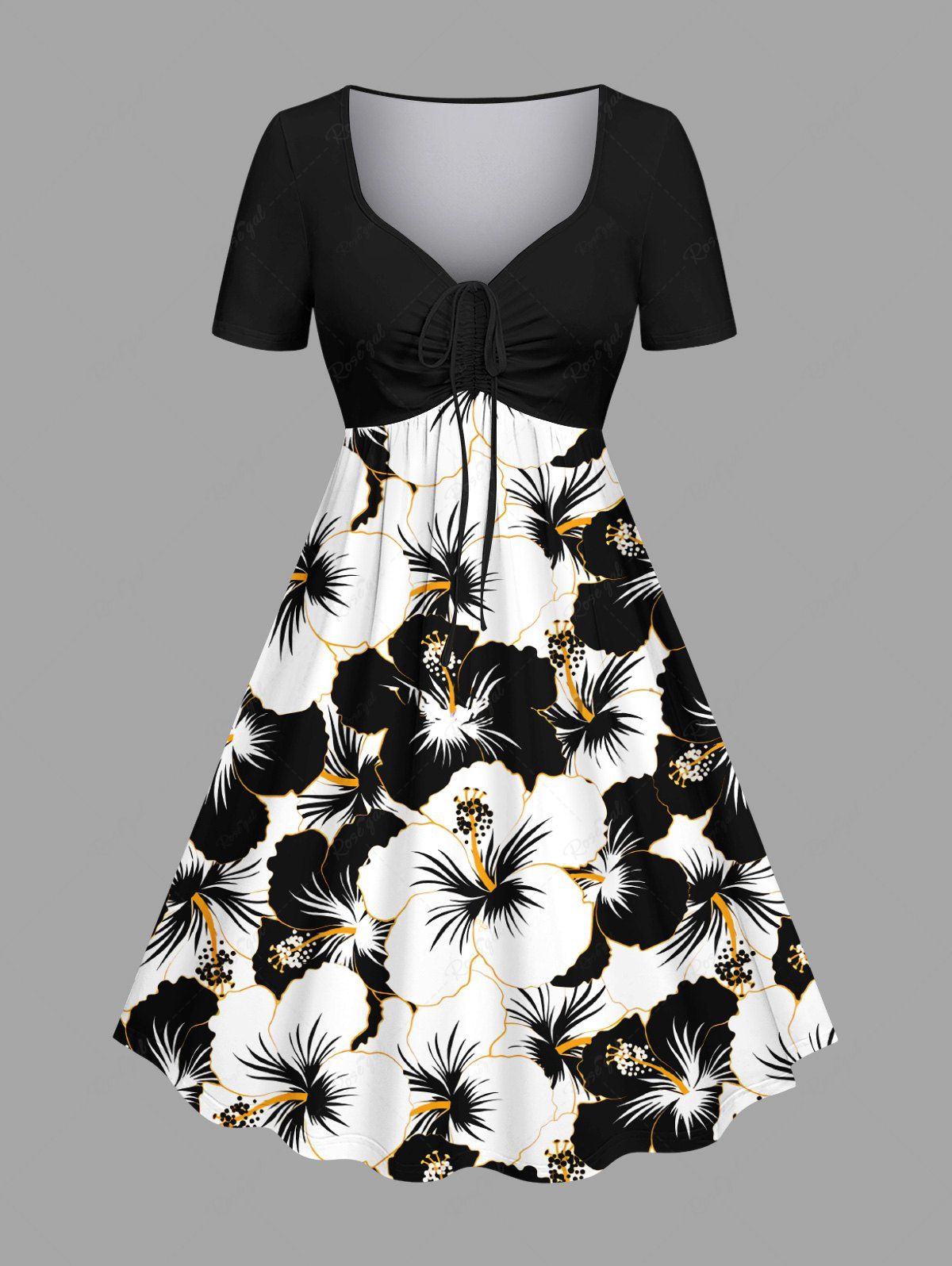 Outfits Plus Size Tropical Hibiscus Flowers Print Cinched Hawaii Dress  