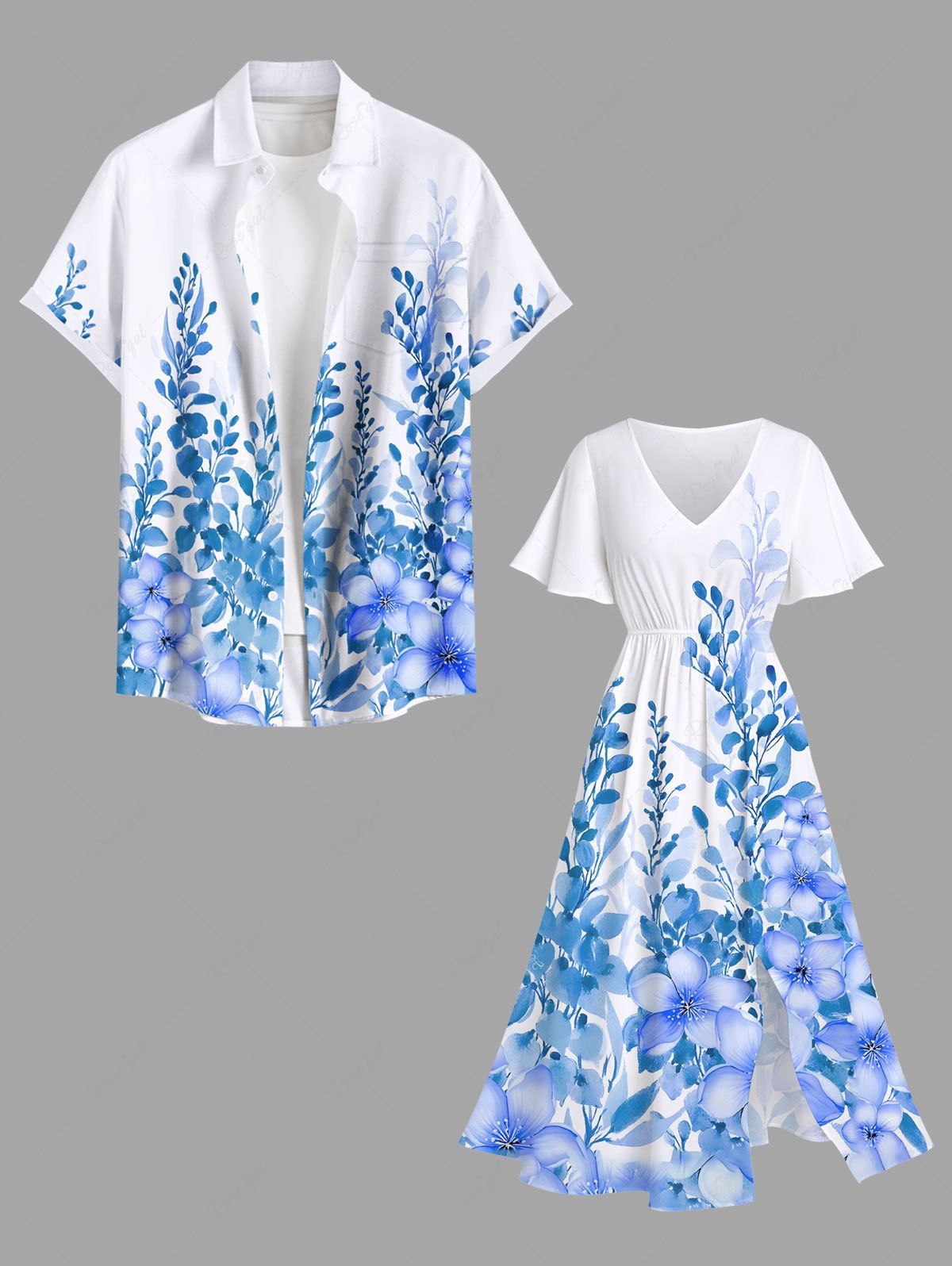 Costume de Plage Grande Taille Imprimé à Fleurs et Feuilles Assorti Bleu Ciel 