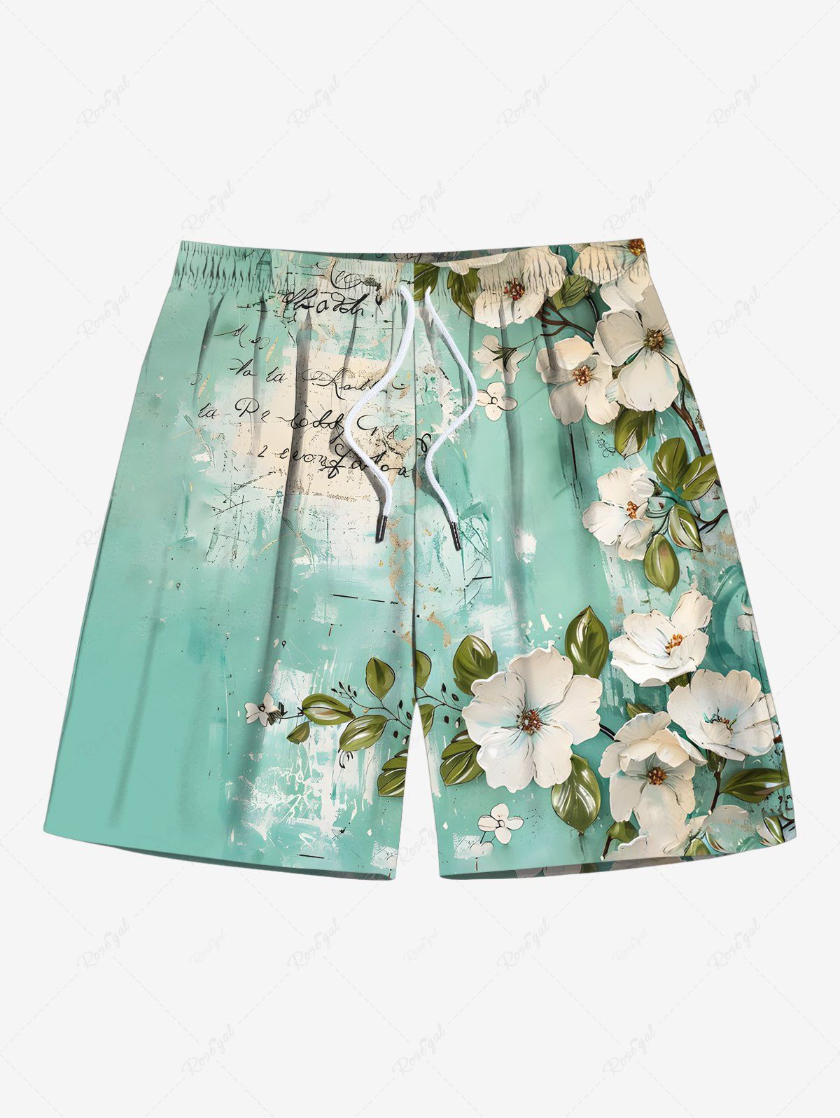 Trendy Plus Size Floral Leaf Branch Print Hawaii Drawstring Beach Shorts For Men  