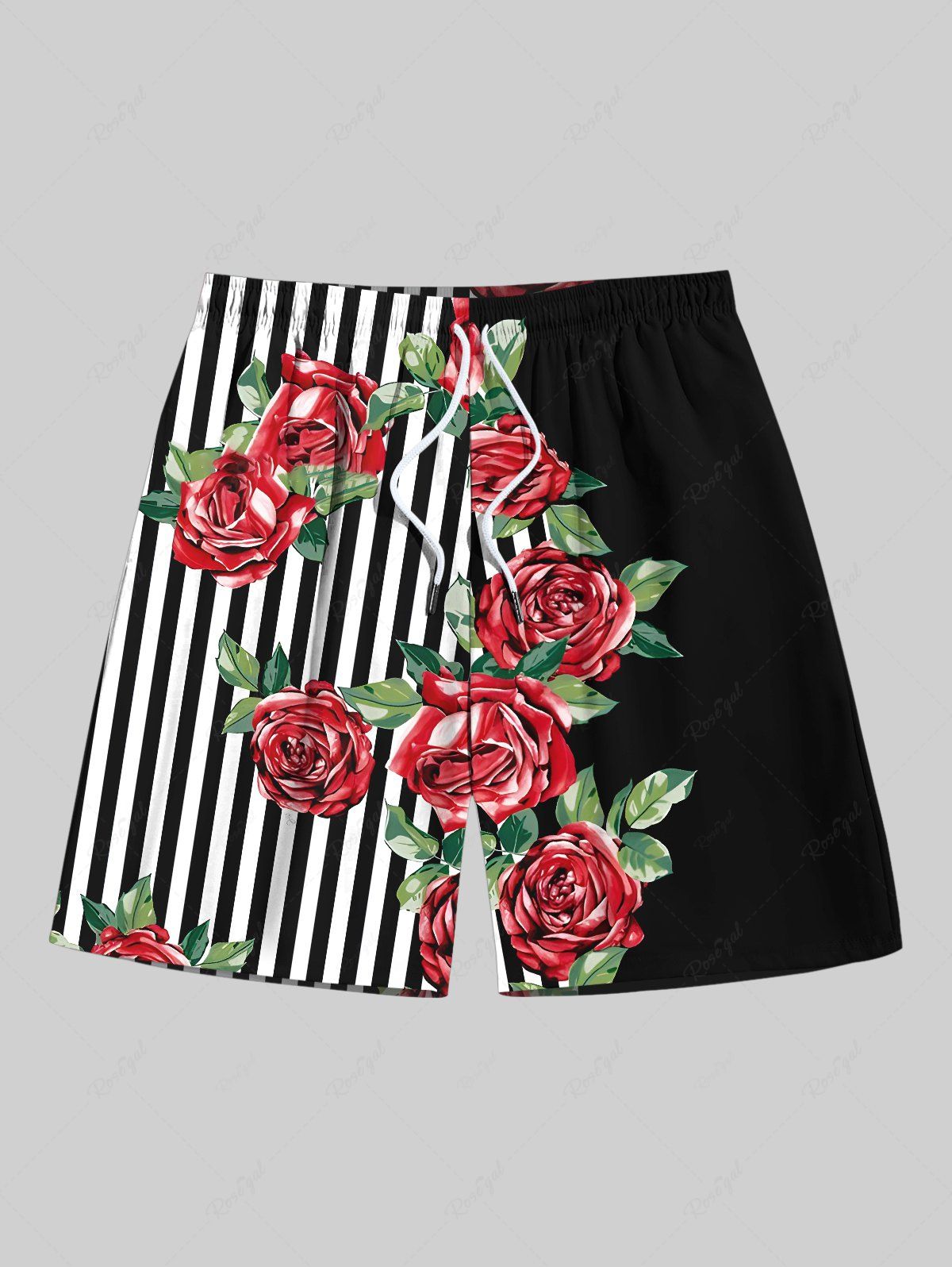Outfits Plus Size Rose Flower Leaf Striped Print Hawaii Drawstring Beach Shorts For Men  