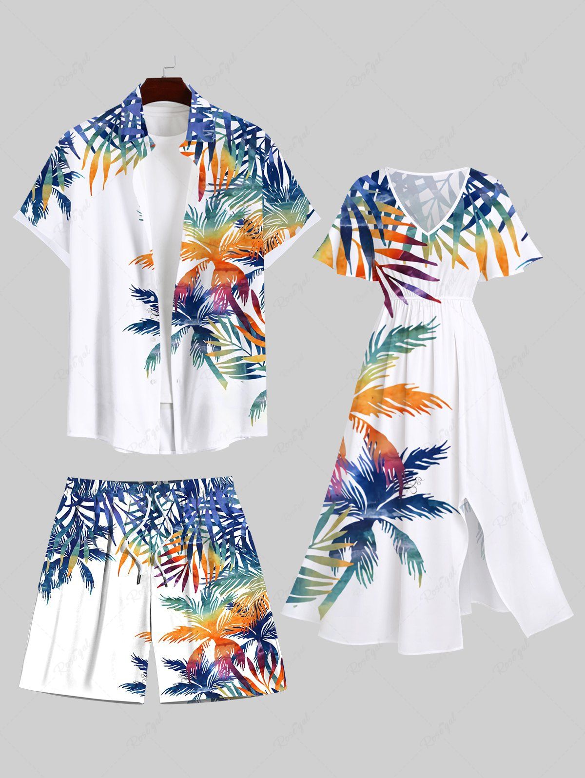 Tenue de plage hawaïenne assortie grande taille à imprimé feuilles tropicales de cocotier coloré pour couples Blanc 